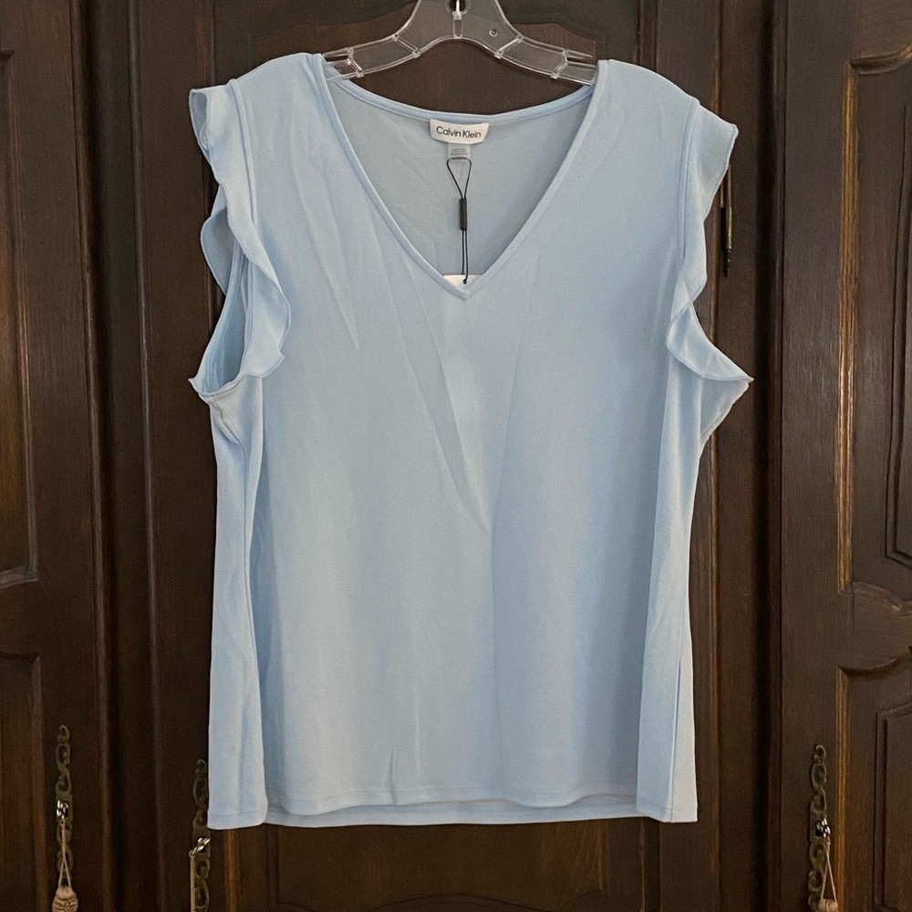 Calvin Klein baby blue ruffle cap sleeve v neck knit top XL NWT